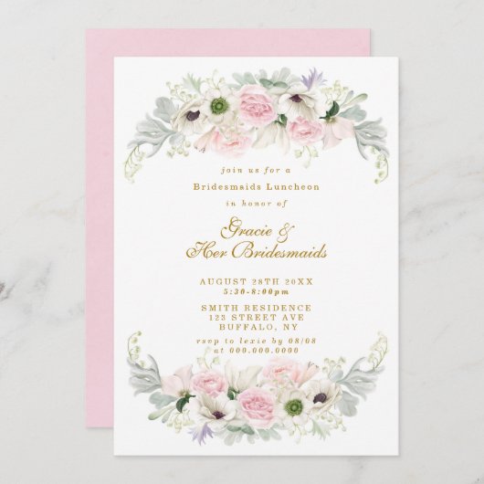 ピンクピーニーアネモンブリデスメイドランチョン招待状 (正面/裏面)