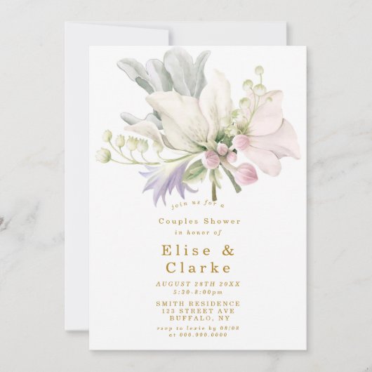 ピンクピーニーアネモーネ金ゴールドカップルシャワー招待状 (正面)