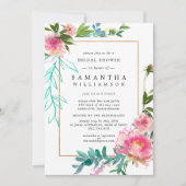 ピンクピーニーウォーターカラーフローラブライダルシャワー 招待状 (正面)