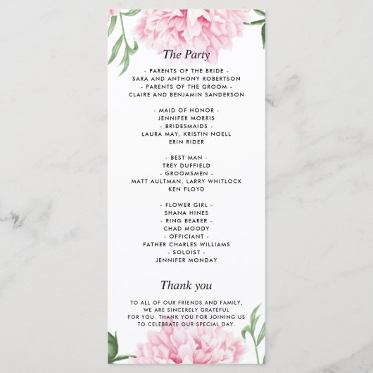 ピンクピーニーウォーターカラー結婚式 プログラム (裏面)