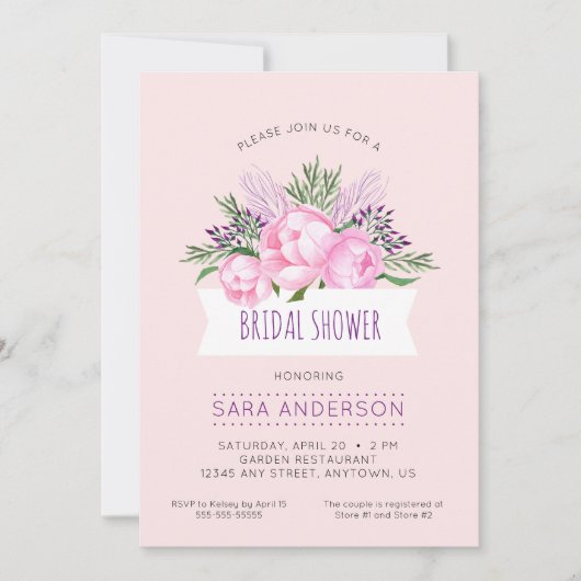 ピンクピーニーズウォーターカラーブライダルシャワー 招待状 (正面)