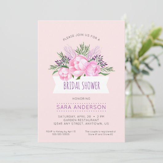 ピンクピーニーズウォーターカラーブライダルシャワー 招待状 (スタンド正面)