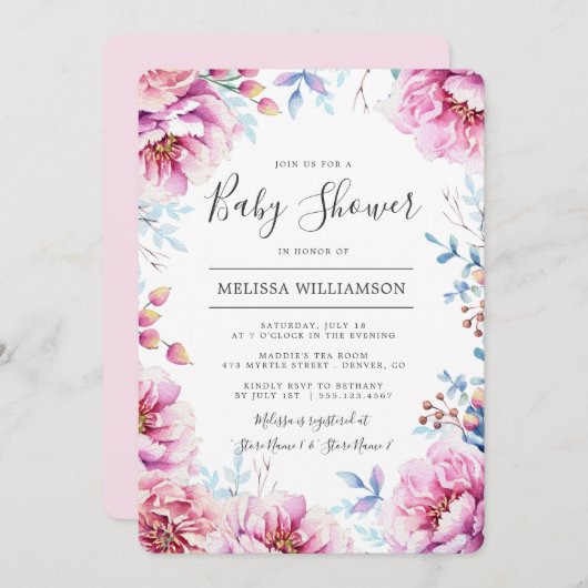 ピンクピーニーズ水彩フローラベビーシャワー 招待状 (正面/裏面)