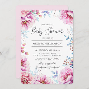 ピンクピーニーズ水彩フローラベビーシャワー 招待状