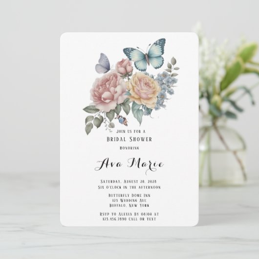 ピンクピーニーダスティブルーバタフライブライダルシャワー 招待状 (スタンド正面)