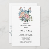 ピンクピーニーダスティブルーバタフライ婚約パーティ 招待状 (正面/裏面)