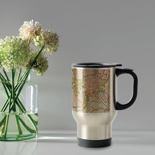 ピンクピーニーパターンアルフォンスミュシャ トラベルマグ