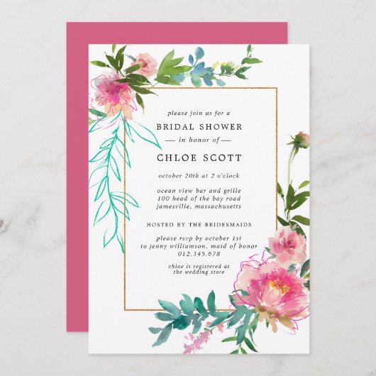 ピンクピーニーフローラブライダルシャワー 招待状 (正面/裏面)