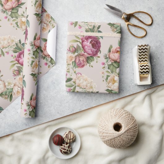 ピンクピーニーフローラリースブライダルシャワー ラッピングペーパー (クラフト)
