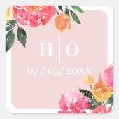 ピンクピーニーブーケフローラグリーン結婚ズ スクエアシール (正面)