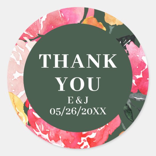 ピンクピーニーブーケフローラグリーン結婚ズ ラウンドシール (正面)