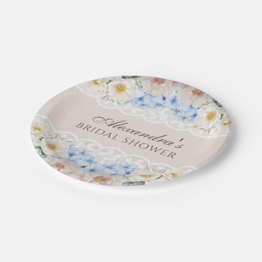 ピンクピーニーホワイトブルーアジサイブライダルシャワー ペーパープレート (アングル)