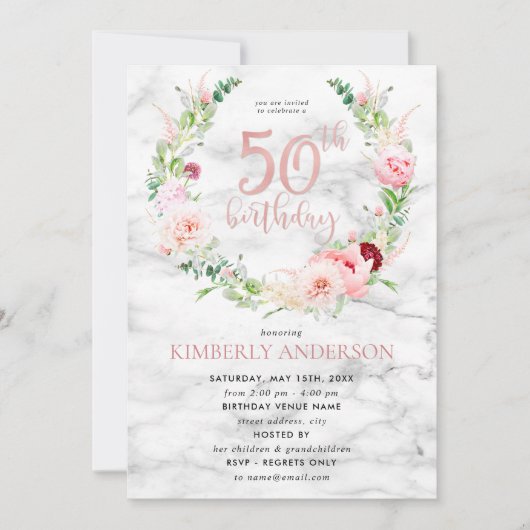 ピンクピーニーリースバラ金ゴールドマーブルタイポグラフィ50th 招待状 (正面)