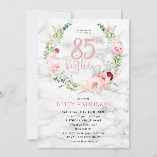 ピンクピーニーリースバラ金ゴールドマーブルタイポグラフィ85th 招待状 (正面)