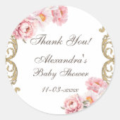 ピンクピーニーロココフローラベビーシャワーありがとう ラウンドシール (正面)