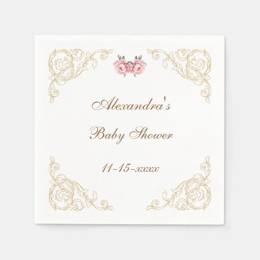ピンクピーニーロココヴィンテージフローラベビーシャワー スタンダードカクテルナプキン (正面)
