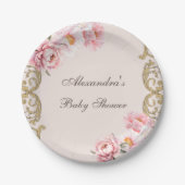 ピンクピーニーヴィンテージロココフローラベビーシャワー ペーパープレート (正面)