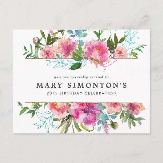 ピンクピーニー90誕生日 インビテーションポストカード (正面)