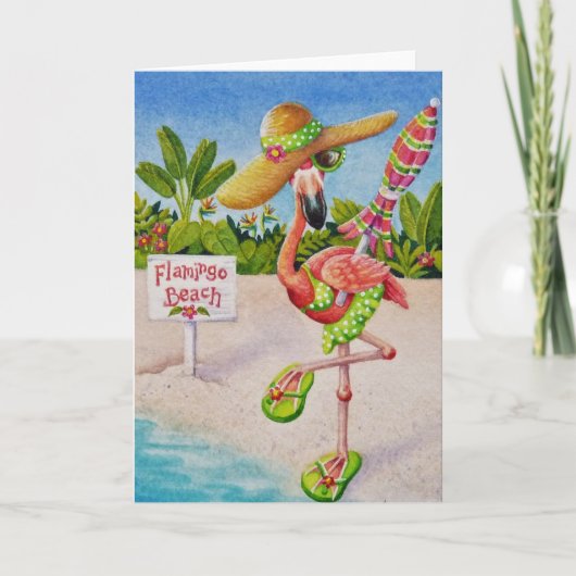 ピンクフお洒落ラミンゴ2号水彩画 カード (正面)