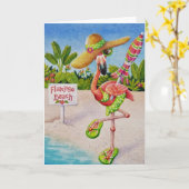 ピンクフお洒落ラミンゴ2号水彩画 カード (黄色い花)