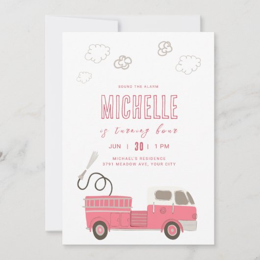 ピンクファイアトラック誕生日招待状 招待状 (正面)