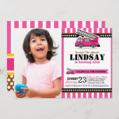 ピンクファイヤーエンジン誕生日パーティフォト招待状 招待状 (正面/裏面)