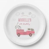 ピンクファイヤートラック誕生日 ペーパープレート (正面)