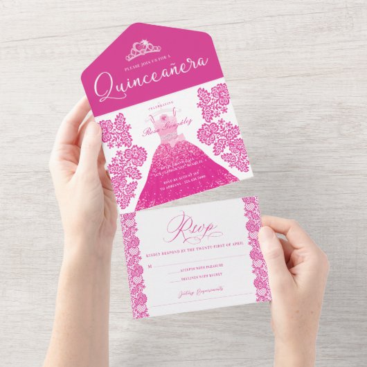 ピンクファッションドリームプリンセスガウンキンセアニェラパーティー オールインワン招待状 (貼ってはがせる)