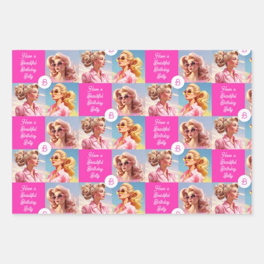 ピンクファッションパーソナライズ少女の名前誕生日 ラッピングペーパーシート (正面3)