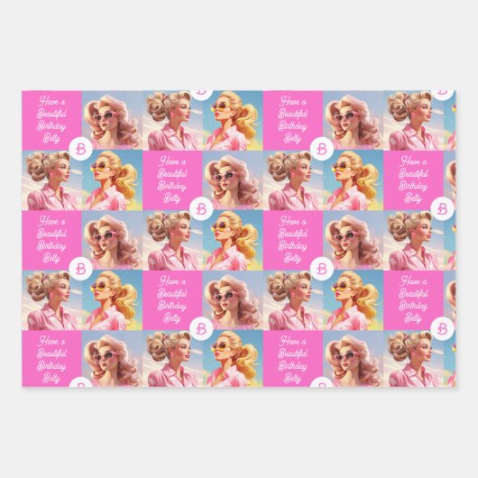 ピンクファッションパーソナライズ少女の名前誕生日 ラッピングペーパーシート (正面)