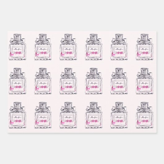 ピンクファッション香水ボトル水色かわいい ラッピングペーパーシート (正面)