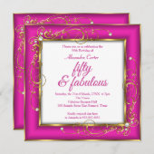 ピンクファブラス50フォト金ゴールドパール誕生日パーティー 招待状 (正面/裏面)