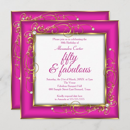 ピンクファブラス50フォト金ゴールドパール誕生日パーティー 招待状 (正面/裏面)