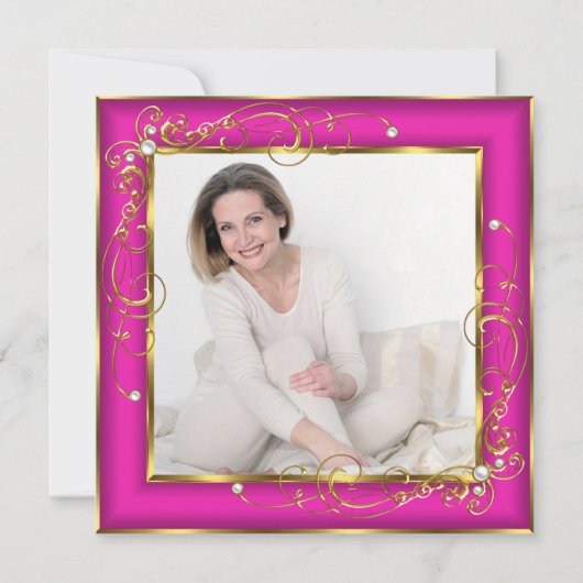 ピンクファブラス50フォト金ゴールドパール誕生日パーティー 招待状 (裏面)