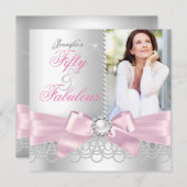 ピンクファブラス50ボーホワイトパールフォト誕生日 招待状 (正面/裏面)