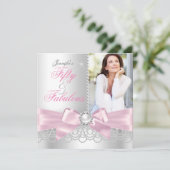 ピンクファブラス50ボーホワイトパールフォト誕生日 招待状 (スタンド正面)