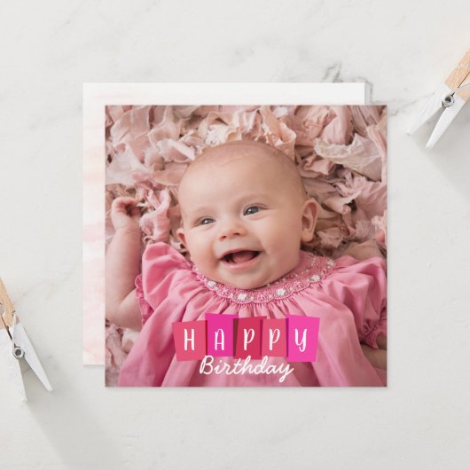 ピンクファミリーポートレートフラット誕生日グリーティングカード カード (正面/裏面インサイチュ)