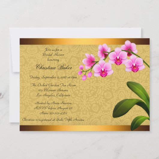 ピンクファレノプシス蘭の花のブライダルシャワー 招待状 (裏面)