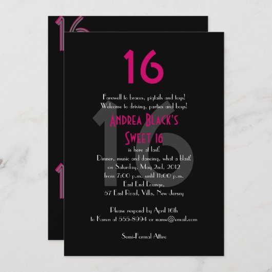 ピンクファンキーとブラックスウィート16誕生日招待状 招待状 (正面/裏面)
