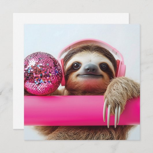 ピンクファンキーのヘッドフォンとディスコボールを使ったナマケモノ シーズンカード (正面/裏面)