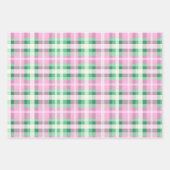 ピンクファンキー及び緑色の格子状タータンチェック模様 ラッピングペーパーシート (正面)