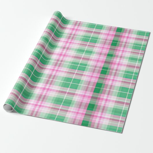 ピンクファンキー及び緑色の格子状タータンチェック模様 ラッピングペーパー (アンロールド)