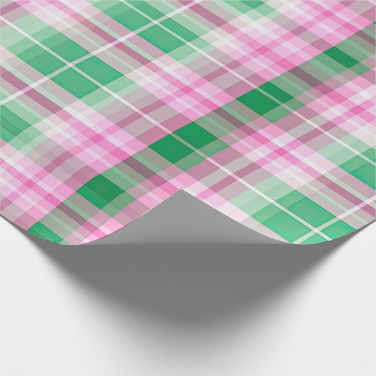 ピンクファンキー及び緑色の格子状タータンチェック模様 ラッピングペーパー (角)