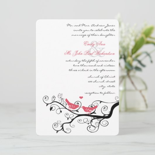ピンクファンキー渦巻形のラブバードツリーの結婚式の招待 招待状 (スタンド正面)