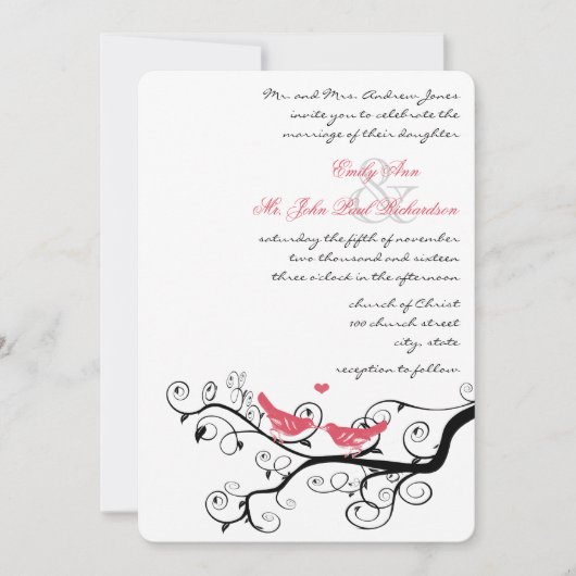 ピンクファンキー渦巻形のラブバードツリーの結婚式の招待 招待状 (正面)