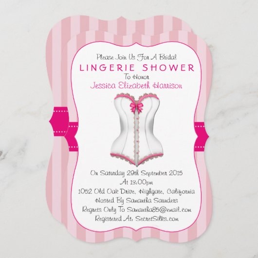 ピンクファンシーと白のコルセットのランジェリーシャワー 招待状 (正面/裏面)