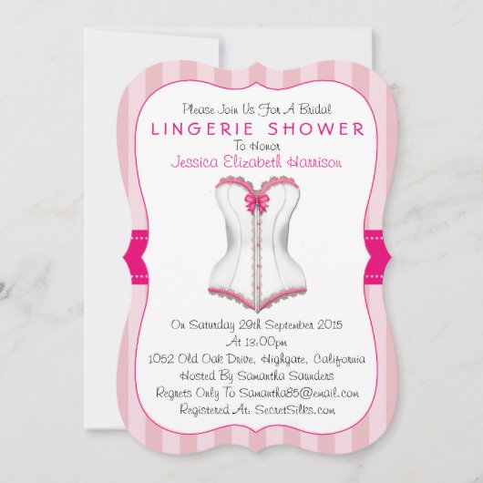 ピンクファンシーと白のコルセットのランジェリーシャワー 招待状 (正面)