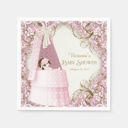 ピンクファンシーと金ゴールドの赤ちゃんシャワー スタンダードカクテルナプキン (正面)