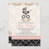 ピンクファンシーと黒のダマスク車のベビーシャワー 招待状 (正面/裏面)