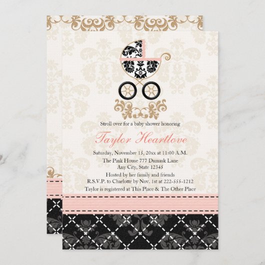 ピンクファンシーと黒のダマスク車のベビーシャワー 招待状 (正面/裏面)